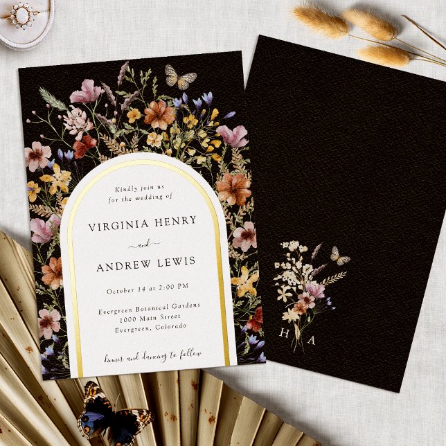 Black Arch Wedding Invitation Foil Invitation (Boho Black Floral Arch Foil Wedding Invitation Monogram by Painted Paperie
)