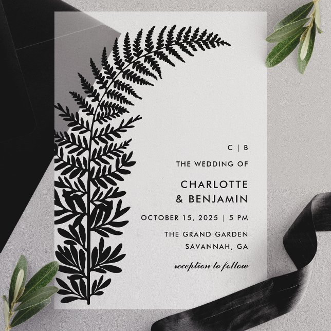Black Arched Fern Modern Minimalist Wedding Vellum Invitations (Creator Uploaded)