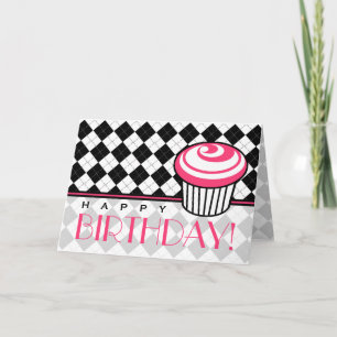 Black Argyle  Birthday Card with Pink Cupcake
