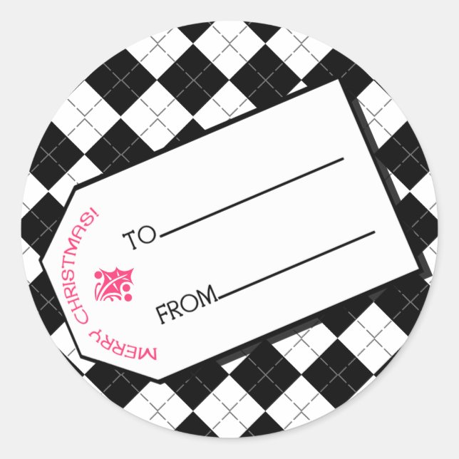 Black Argyle Christmas Gift Tag Sticker (Front)