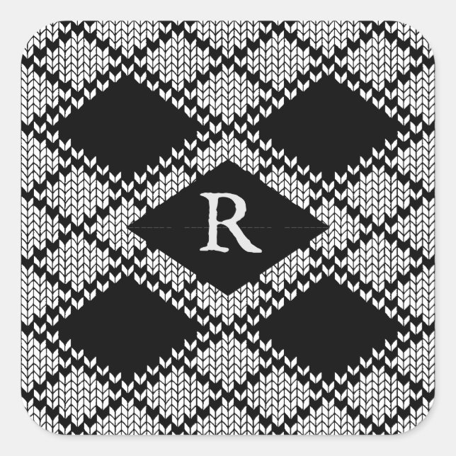 BLACK ARGYLE KNIT Large Square Stickers + Initial  (Front)