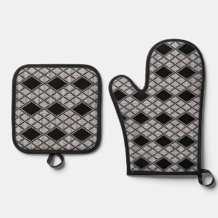 BLACK ARGYLE KNIT Oven Mitt & Pot Holder Set