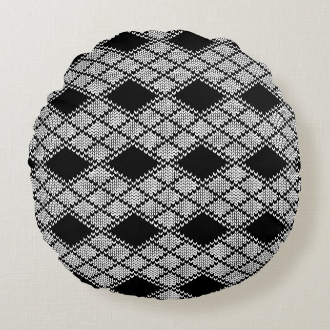 BLACK ARGYLE KNIT Round Throw Pillow (Front)