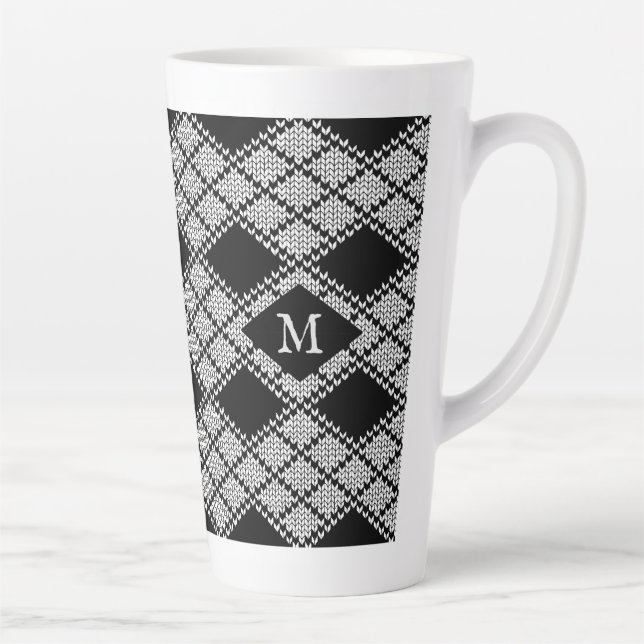 BLACK ARGYLE KNIT Tall Latte Mug + Initial  (Right)