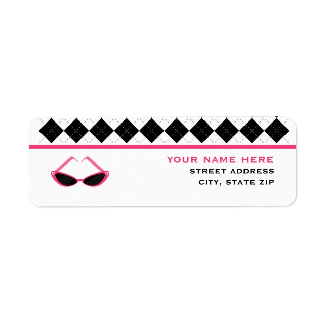 Black Argyle & Pink Retro Sunglasses Return Address Label (Front)