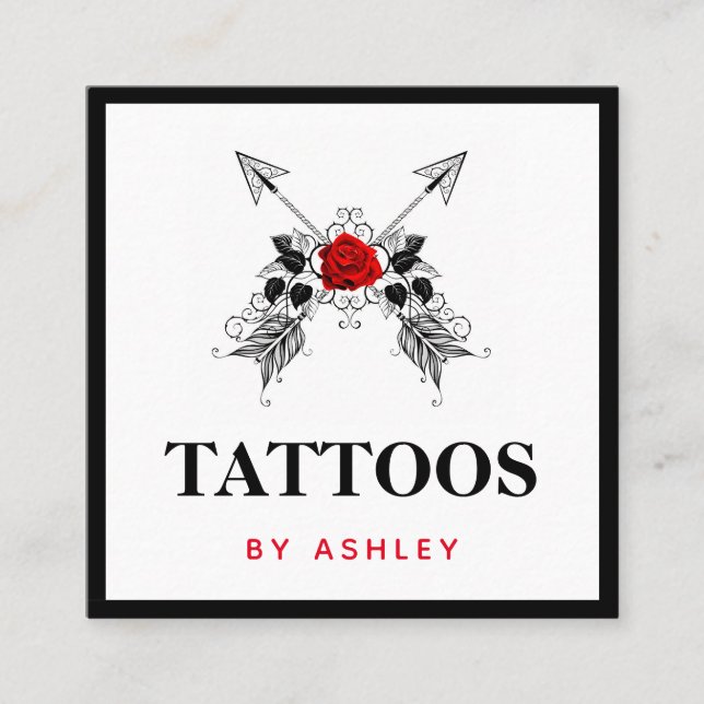 Black Arrows & Red Rose Tattoo Artist Feminine  Square Business Card (Front)