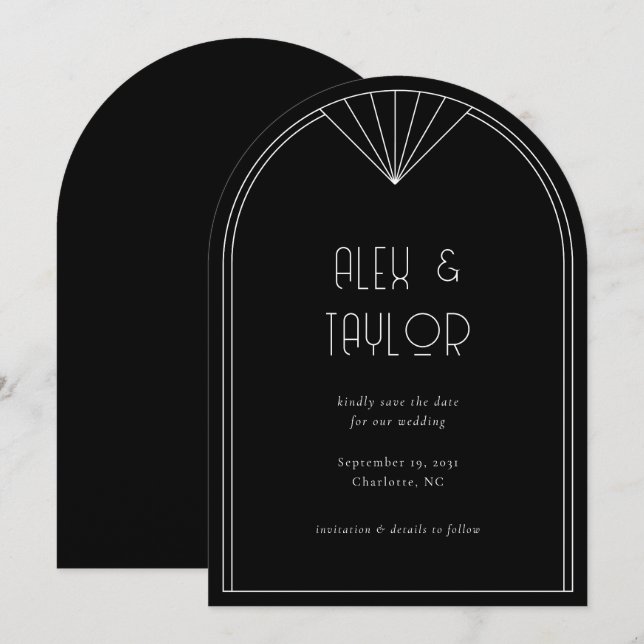 Black Art Deco Arch Frame Wedding Save the Date Invitation (Front/Back)