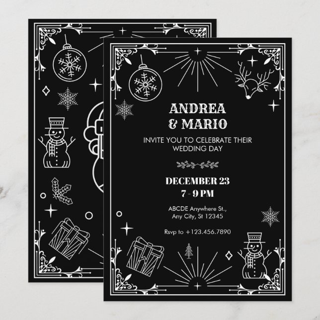 Black art deco christmas winter ornament wedding invitation (Front/Back)