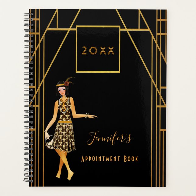 Black art deco Gatsby style flapper girl Planner (Front)