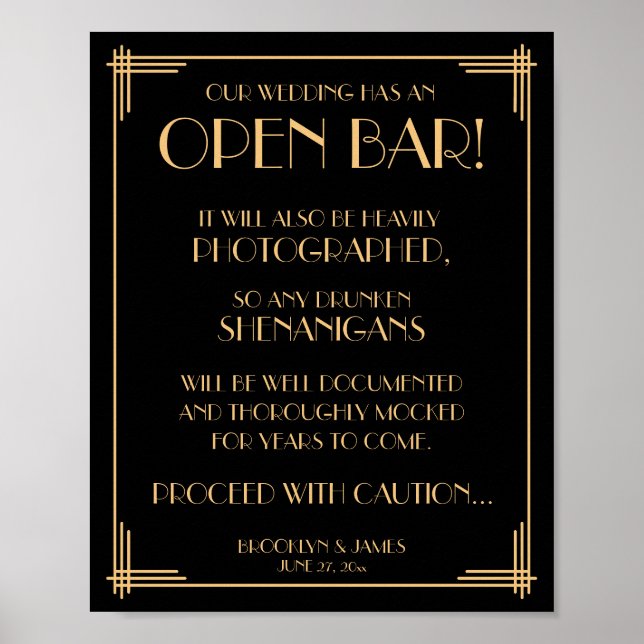 Black Art Deco Great Gatsby Open Bar Sign 8x10 (Front)