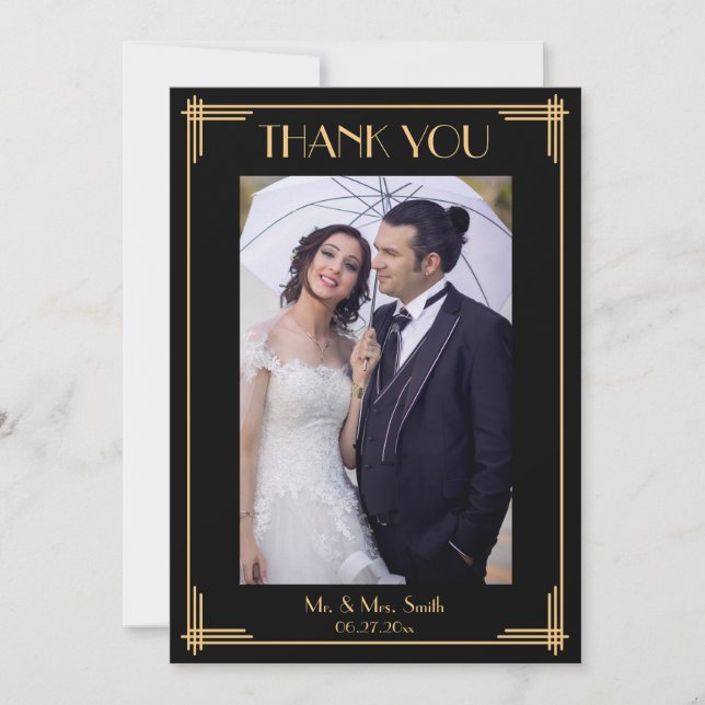 Black Art Deco Great Gatsby Thank You Wedding Card (Front)