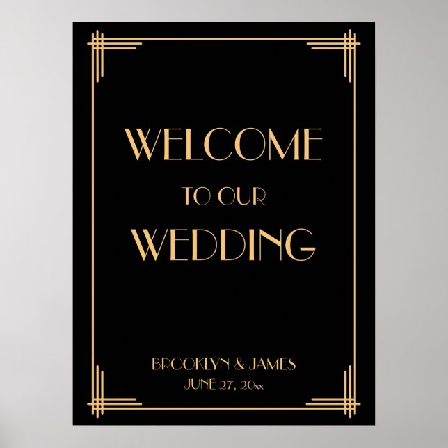 Black Art Deco Great Gatsby Wedding Reception Sign (Front)