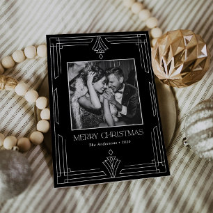 Black Art Deco Modern Photo Christmas Holiday Card