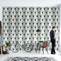 Black Art Deco Pattern on sage green white stripes