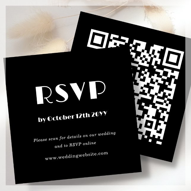 Black Art Deco | QR Code | Wedding RSVP  Enclosure Card (Creator Uploaded)