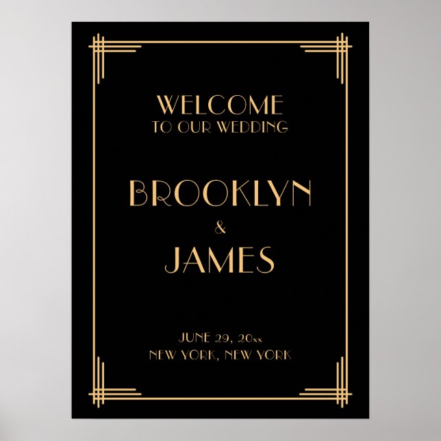 Black Art Deco Wedding Reception Sign 18" x 24" (Front)