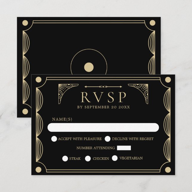 Black Art Deco Wedding RSVP  (Front/Back)