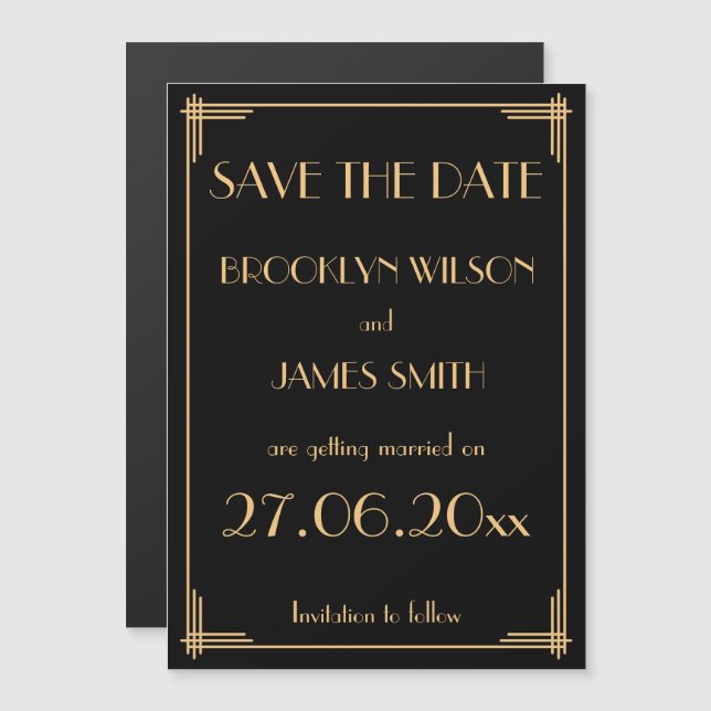 Black Art Deco Wedding Save The Date Magnetic Invitation (Front/Back)