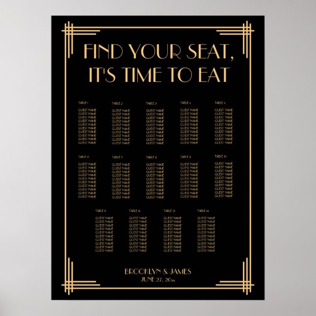 Black Art Deco Wedding Seating Chart (Front)