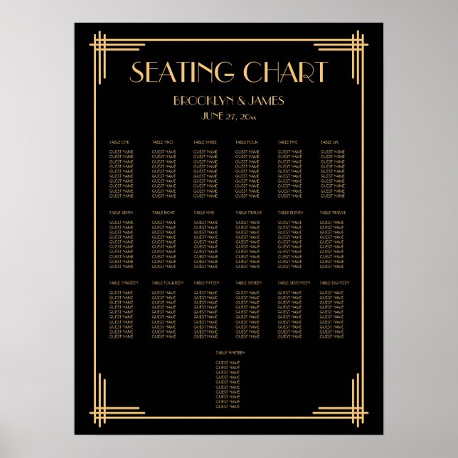 Black Art Deco Wedding Seating Chart Poster (Front)
