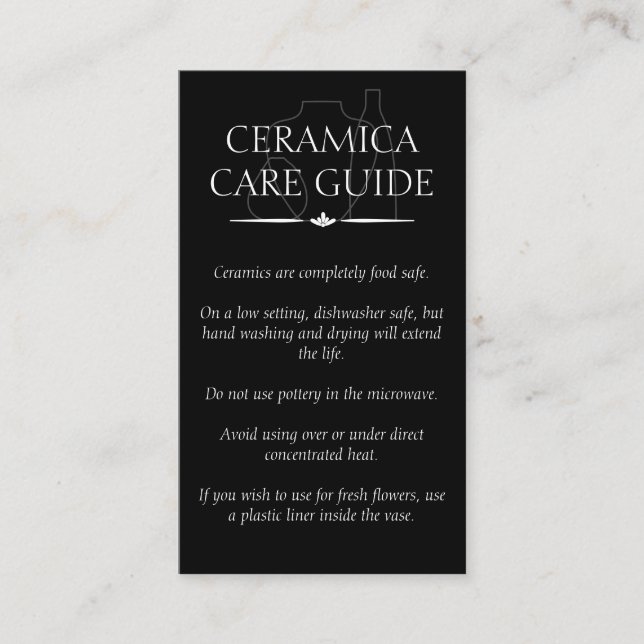 Black Art Pottery Vase Ceramic Caring Instruction Business Card (Front)
