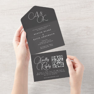 Black Ash White Monogram Script Minimalist QR Cod All In One Invitation