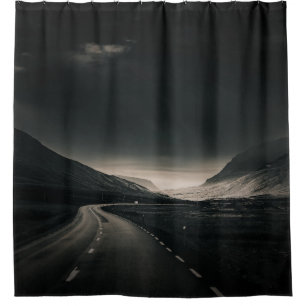 BLACK ASPHALT ROAD NEAR MOUNTAIN DURING DAYTIME SHOWER CURTAIN