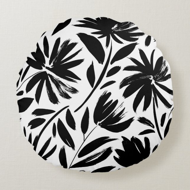 Black aster: vintage chrysanthemum pattern round cushion (Front)