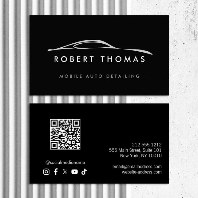 Black Auto Detailing, Auto Repair Logo QR Code Business Card (Creator Uploaded)