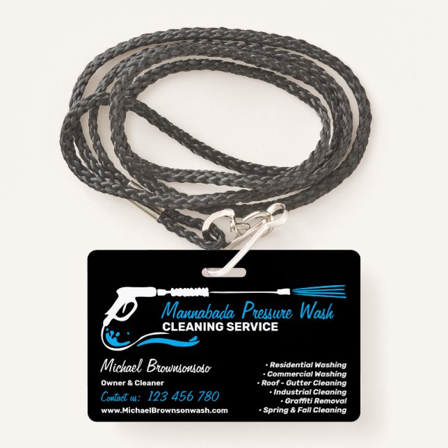 Black Auto Pressure Washing Power Wash CLEANING ID Badge (Front with Lanyard)