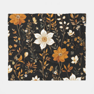 Black Autumn Boho Vintage Gold Floral Pattern Fleece Blanket