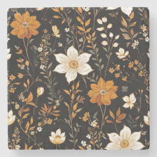 Black Autumn Boho Vintage Gold Floral Pattern Stone Coaster