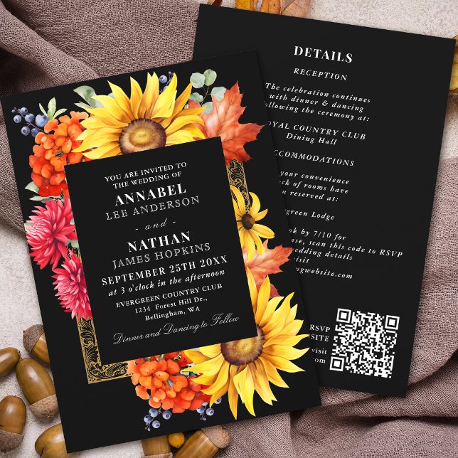Black Autumn Watercolor Floral QR Code Invitation (Creator Uploaded)