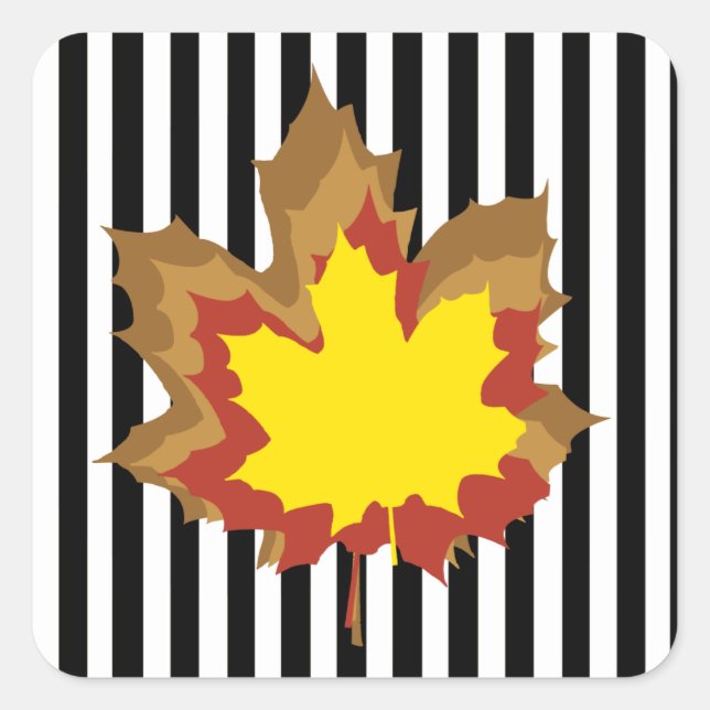 Black Autumnal Stripes with Leaves Square Sticker (Front)