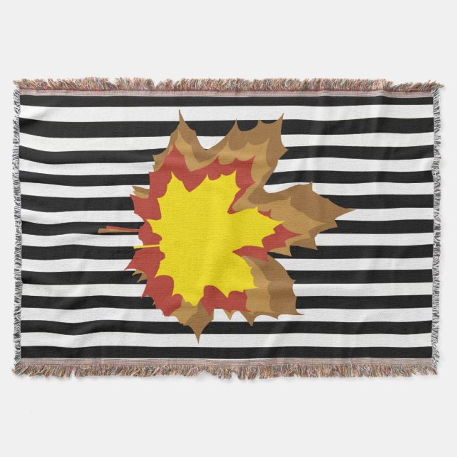 Black Autumnal Stripes with Leaves Throw Blanket (Front)