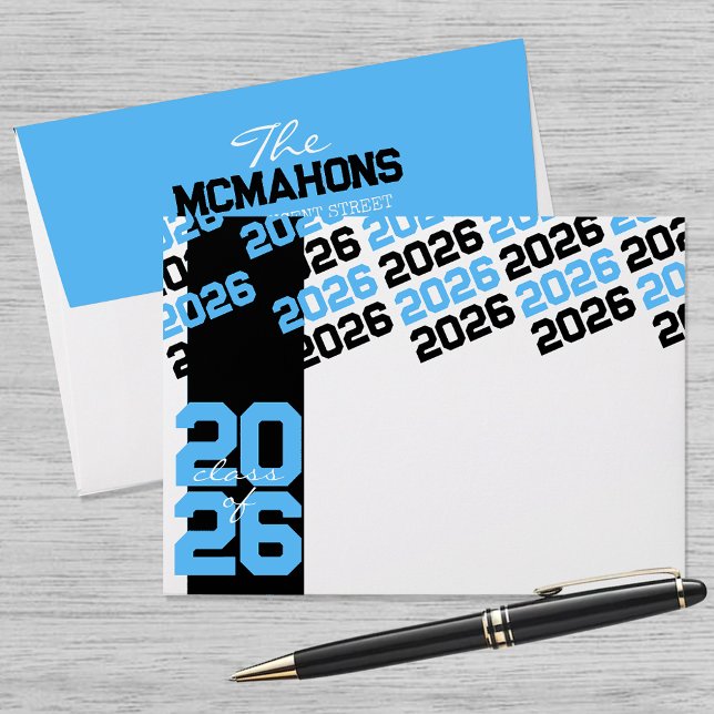 Black & Baby Blue Class of + Return Address Grad Envelope (Matching Envelopes, Return Address Labels & Envelope Seals)