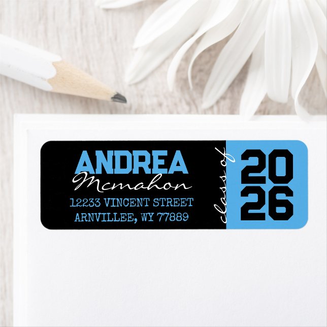 Black & Baby Blue Graduation Return Address Labels (Matching Envelopes, Return Address Labels & Envelope Seals)