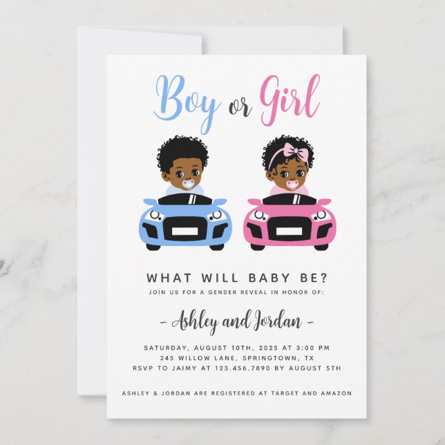 Black Baby Car Race Gender Reveal Invitation (Front)