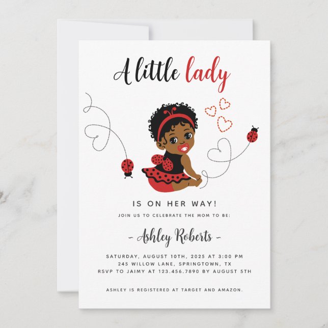 Black Baby Girl Ladybug Shower Invitation (Front)