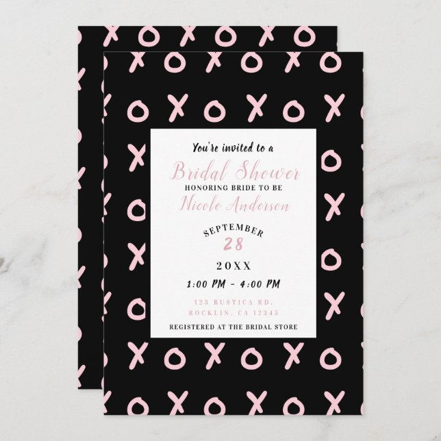Black & Baby Pink X O XO XO's Trendy Bridal Shower Invitation (Front/Back)