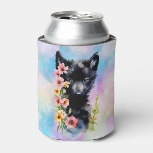 Black Baby Wolf cub watercolor art painting Can Cooler