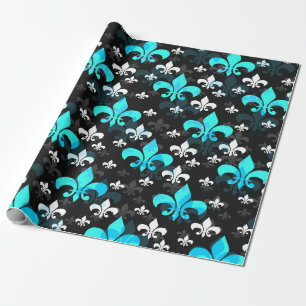 Black Back Blue White Fleur De Lis Wrapping Paper