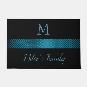 Black Background And Blue Grey Stripes Doormat