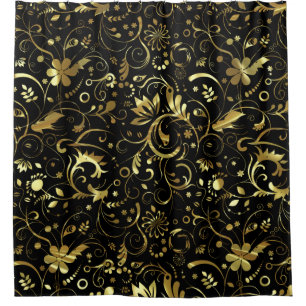 Black Background And Gold Floral Pattern Shower Curtain