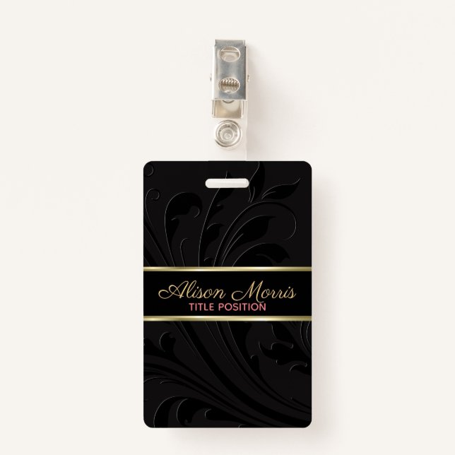 Black Background And Swirl And Gold Stripe ID Badge (Front with Clip)