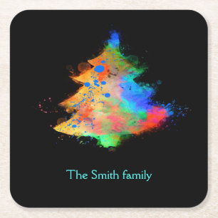 Black background and watercolors and Christmas tre Square Paper Coaster