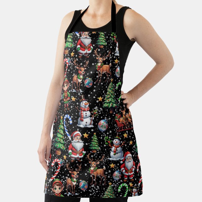 Black Background Christmas Decorative Pattern Apron (Creator Uploaded)