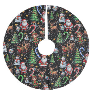 Black Background Christmas Decorative Pattern Brushed Polyester Tree Skirt