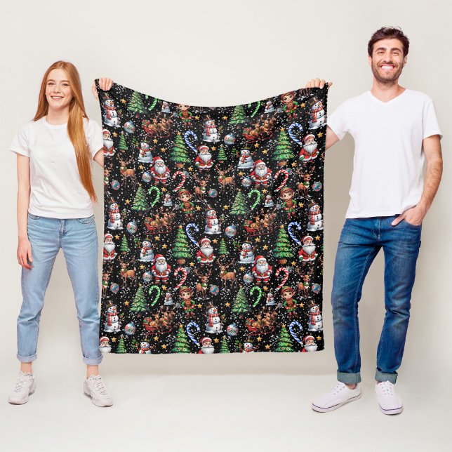 Black Background Christmas Decorative Pattern Fleece Blanket (Creator Uploaded)