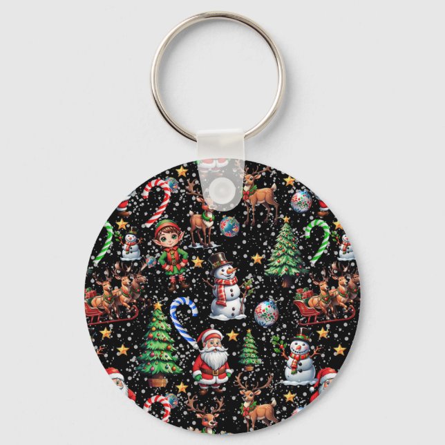 Black Background Christmas Decorative Pattern Key Ring (Front)